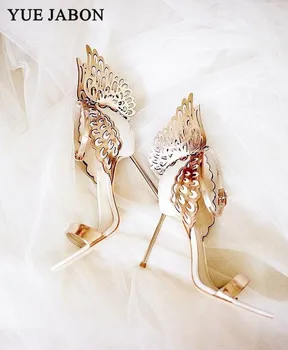 Высококачественные женские золотые босоножки-бабочки, Металлические туфли-лодочки на шпильке с металлическими вырезами, свадебные туфли знаменитостей со стразами 3