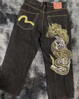 Новые американские джинсы с вышивкой Дракона в стиле Ретро, свободные прямые брюки в стиле уличного хип-хопа, повседневные джинсовые брюки Унисекс в стиле Джокер