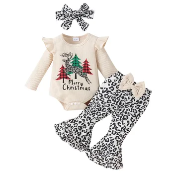 0-18 м Рождественские наряды для маленьких девочек, Комбинезон в рубчик с буквенным принтом в виде Рождественской елки, Леопардовые расклешенные брюки, повязка на голову, комплект осенней одежды из 3 предметов