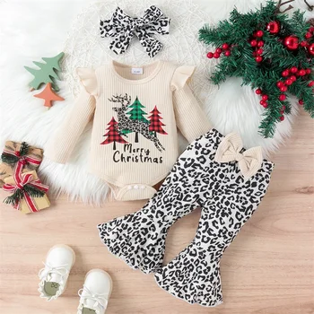 0-18 м Рождественские наряды для маленьких девочек, Комбинезон в рубчик с буквенным принтом в виде Рождественской елки, Леопардовые расклешенные брюки, повязка на голову, комплект осенней одежды из 3 предметов 2