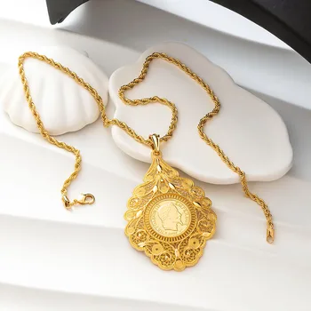 Магазин Fatima Алжирское свадебное ожерелье с длинной цепочкой, подвеска в виде цветка для женщин, ювелирные изделия из французских монет
