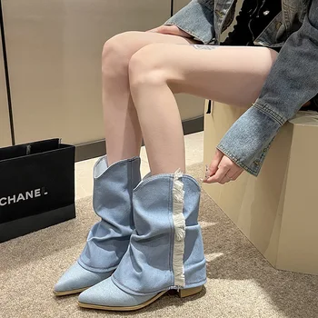 Женские ковбойские сапоги в западном стиле 2024 года, новые европейские американские короткие сапоги с острым носком в стиле ретро, трендовая уличная модная обувь на высоком каблуке