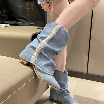 Женские ковбойские сапоги в западном стиле 2024 года, новые европейские американские короткие сапоги с острым носком в стиле ретро, трендовая уличная модная обувь на высоком каблуке 2