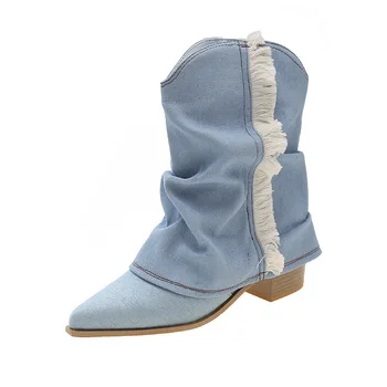 Женские ковбойские сапоги в западном стиле 2024 года, новые европейские американские короткие сапоги с острым носком в стиле ретро, трендовая уличная модная обувь на высоком каблуке 4