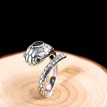 Нефритовый ангел из чистого серебра 925 пробы, регулируемое ретро-кольцо в виде змеи с зеленым кубическим цирконием, открытые кольца для женщин