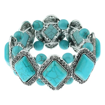Винтажный эластичный браслет из натурального камня для женщин Геометрический ромб Синего цвета, украшенный бисером, ювелирные изделия ручной работы, Тибетские серебряные эластичные браслеты