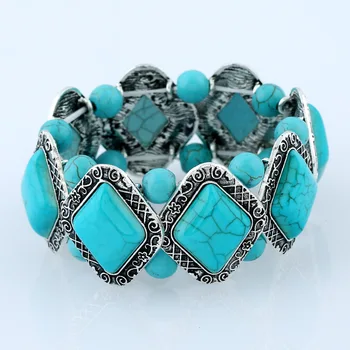 Винтажный эластичный браслет из натурального камня для женщин Геометрический ромб Синего цвета, украшенный бисером, ювелирные изделия ручной работы, Тибетские серебряные эластичные браслеты 1