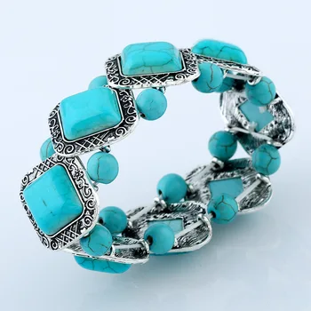 Винтажный эластичный браслет из натурального камня для женщин Геометрический ромб Синего цвета, украшенный бисером, ювелирные изделия ручной работы, Тибетские серебряные эластичные браслеты 2