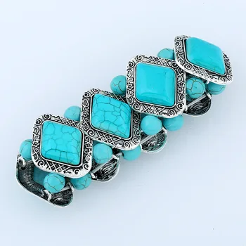 Винтажный эластичный браслет из натурального камня для женщин Геометрический ромб Синего цвета, украшенный бисером, ювелирные изделия ручной работы, Тибетские серебряные эластичные браслеты 3
