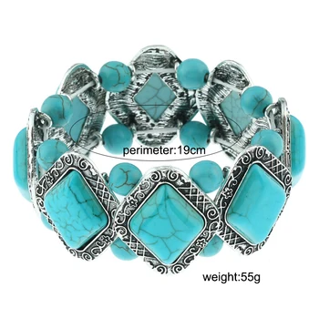 Винтажный эластичный браслет из натурального камня для женщин Геометрический ромб Синего цвета, украшенный бисером, ювелирные изделия ручной работы, Тибетские серебряные эластичные браслеты 4