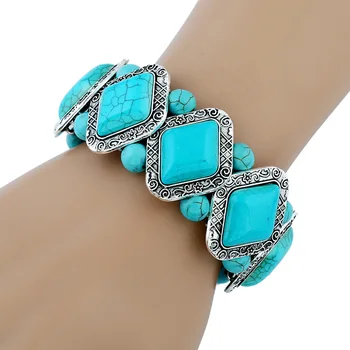 Винтажный эластичный браслет из натурального камня для женщин Геометрический ромб Синего цвета, украшенный бисером, ювелирные изделия ручной работы, Тибетские серебряные эластичные браслеты 5