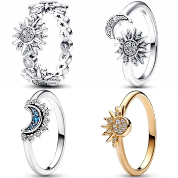 Подлинное Открытое кольцо с полумесяцем и сверкающим Солнцем из Стерлингового Серебра 925 пробы с кристаллами для женщин, Подарочные модные украшения