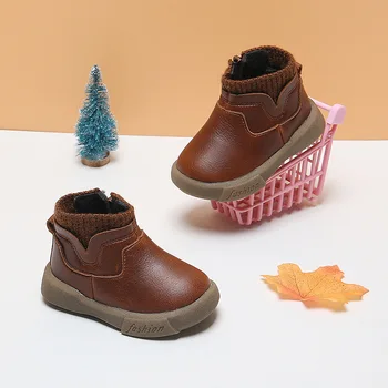 Новые зимние Полусапожки коричнево-черного цвета, Зимние ботинки для малышей 1-3 лет, Детская обувь для первых ходунков, Горячая распродажа