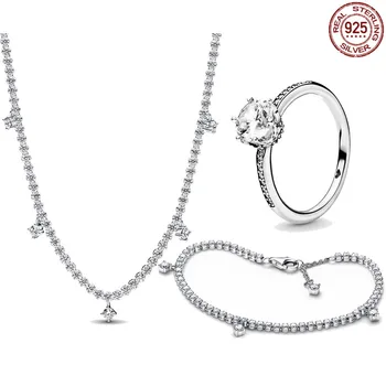 Хит продаж, классический ювелирный набор из стерлингового серебра 925 пробы с цирконием, Изысканное ожерелье, браслет, кольцо, ювелирный подарок для подруги