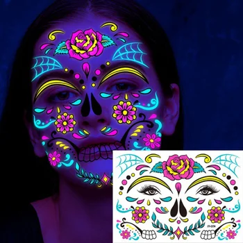 Наклейка с временной татуировкой на Хэллоуин, День мертвых, Веселый фестиваль, Маскарад, флуоресцентная наклейка на тело, Светящаяся татуировка на лице