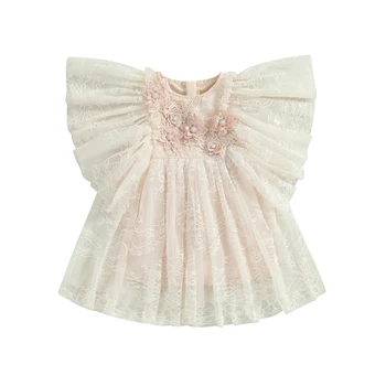 Платье Для маленьких девочек с длинным рукавом и круглым вырезом, платье с 3D цветочной кружевной вышивкой, Летнее Повседневное Сетчатое платье
