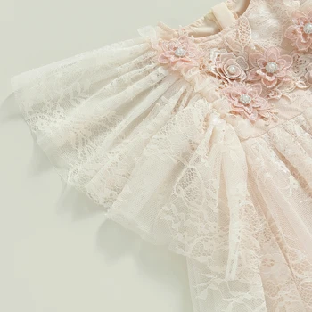 Платье Для маленьких девочек с длинным рукавом и круглым вырезом, платье с 3D цветочной кружевной вышивкой, Летнее Повседневное Сетчатое платье 2