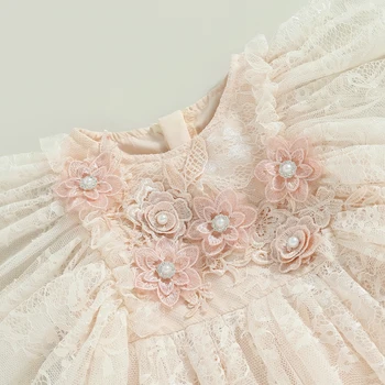 Платье Для маленьких девочек с длинным рукавом и круглым вырезом, платье с 3D цветочной кружевной вышивкой, Летнее Повседневное Сетчатое платье 3