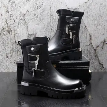 Модные мужские ботинки с высоким берцем из металла в стиле панк, черные Модные ковбойские ботинки увеличенного размера