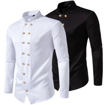 Новая мужская двубортная рубашка с длинными рукавами 2024 года, винтажная однотонная рубашка с воротником Генри