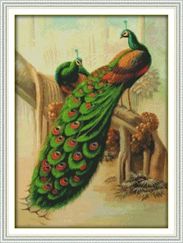 Набор для вышивания крестиком Joy Sunday с предварительной печатью Easy Pattern Набор для вышивания из тисненой ткани Aida-The Peacock Couples (2)