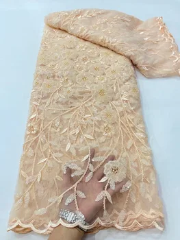 Высококачественная Роскошная Африканская сетчатая кружевная ткань с блестками, французская тяжелая кружевная ткань ручной работы с бисером и жемчугом Для женского свадебного платья