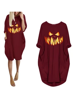 Женское платье для сна на Хэллоуин, свободное платье с круглым вырезом и длинным рукавом, с принтом в виде гримасы, с боковым карманом, ночная рубашка