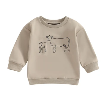 Одежда в западном стиле для маленьких девочек и мальчиков, толстовка с круглым вырезом и принтом коровы, пуловеры с длинными рукавами, рубашки для малышей, осенне-зимняя одежда 2