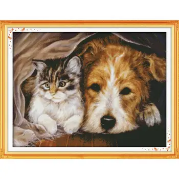 Joy Sunday Собака и кошка остаются вместе, счетная вышивка крестиком 11 и 14 карат DMC Animal Patterns, набор для вышивания крестиком, набор для рукоделия