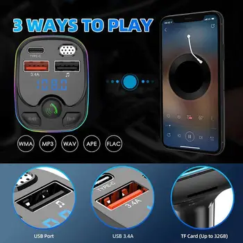 Автомобильный Bluetooth 5.0 FM-передатчик, автомобильный радиомодулятор громкой связи, MP3-плеер, быстрое зарядное устройство 3.4A с красочным окружающим освещением для автомобиля 3