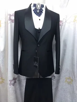 Новые черные мужские костюмы Приталенный смокинг для жениха, мужские костюмы 2018 для свадьбы, жакет, брюки, жилет, 3 предмета