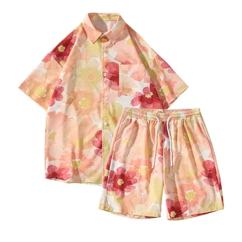 Летняя модная Новая рубашка с коротким рукавом и принтом, комплект солнцезащитной одежды из двух частей, пляжные брюки