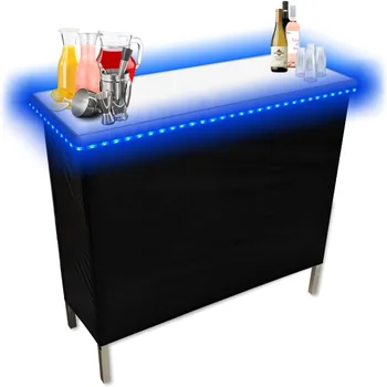 Запатентованный складной переносной бар для вечеринок с многоцветными светодиодными лампочками, черными и гавайскими юбками и полкой для хранения