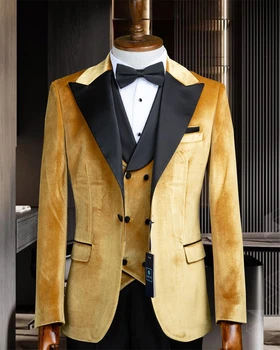 Terno Masculino Черный атлас Золотой бархат Осенне-зимний мужской костюм для свадьбы, деловой одежды, вечеринки в офисе, мужской костюм большого размера