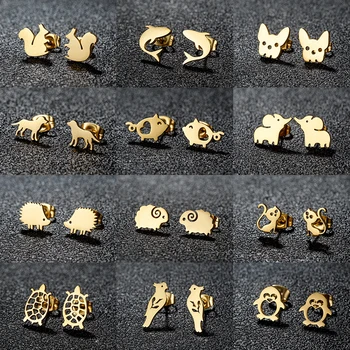 Золотые серьги-гвоздики в виде животных из нержавеющей стали для женщин, детские украшения, серьги в виде акулы, свиньи, ежика, пингвина, Пирсинг, Милые подарки