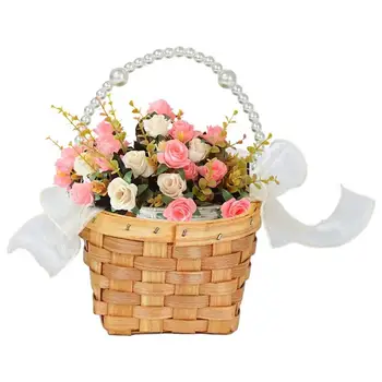 Маленькая плетеная Корзинка, Круглая Мини-цветочная корзинка для свадьбы, Плетеная корзина ручной работы с ручками-бантиками, Идеальный подарок для домашнего декора.