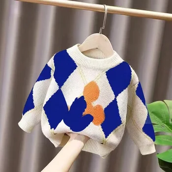 Осень и зима 2023, новые свитера для мальчиков, детская трикотажная нижняя рубашка в корейском стиле, модные теплые пуловеры для малышей 0