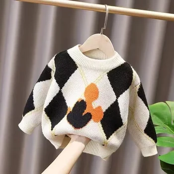 Осень и зима 2023, новые свитера для мальчиков, детская трикотажная нижняя рубашка в корейском стиле, модные теплые пуловеры для малышей 1