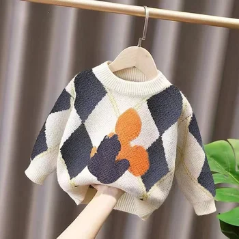 Осень и зима 2023, новые свитера для мальчиков, детская трикотажная нижняя рубашка в корейском стиле, модные теплые пуловеры для малышей 3