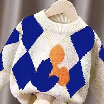 Осень и зима 2023, новые свитера для мальчиков, детская трикотажная нижняя рубашка в корейском стиле, модные теплые пуловеры для малышей 4