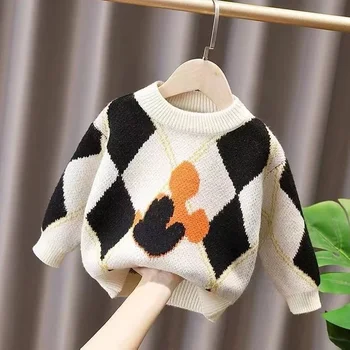 Осень и зима 2023, новые свитера для мальчиков, детская трикотажная нижняя рубашка в корейском стиле, модные теплые пуловеры для малышей 5