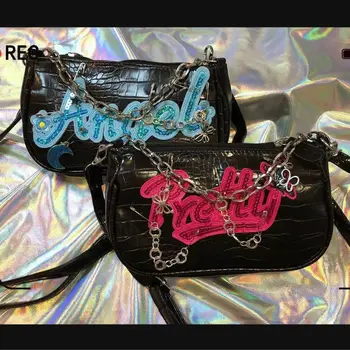Корейская сумка через плечо Fairy Grunge Y2k Hottie в стиле панк с буквенной цепочкой, эстетичные женские сумки, модные кошельки и сумочки в готическом стиле.