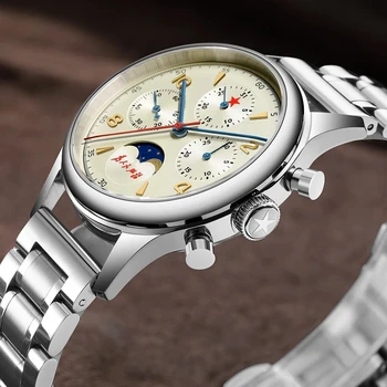 Механизм Red Star 1963, хронограф Фазы Луны, механические часы Sapphire, мужские часы Pilot, многофункциональные часы с календарем.