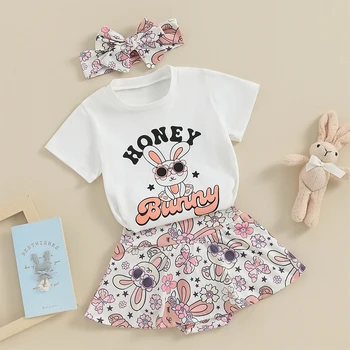 Пасхальный наряд, футболка с буквенным принтом Кролика для девочки, шаровары с оборками, Шорты, милая летняя одежда для малышей 2