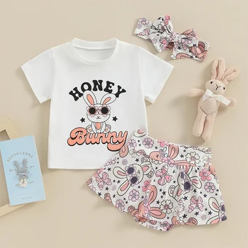 Пасхальный наряд, футболка с буквенным принтом Кролика для девочки, шаровары с оборками, Шорты, милая летняя одежда для малышей 3