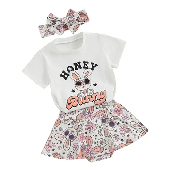 Пасхальный наряд, футболка с буквенным принтом Кролика для девочки, шаровары с оборками, Шорты, милая летняя одежда для малышей 4