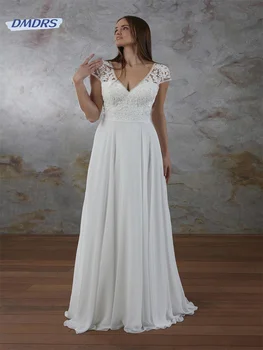 Богемное свадебное платье с глубоким V-образным вырезом и короткими рукавами, пляжное свадебное платье с кружевными аппликациями, романтическое Vestidos De Novia