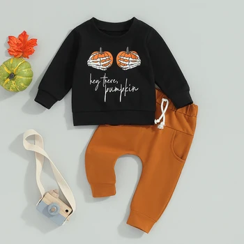 Одежда для малышей на Хэллоуин, толстовка с круглым вырезом и штанишками на шнурках с принтом тыквы, комплект детских штанишек.