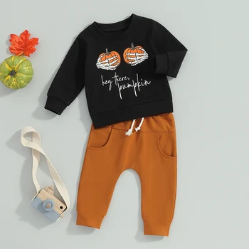 Одежда для малышей на Хэллоуин, толстовка с круглым вырезом и штанишками на шнурках с принтом тыквы, комплект детских штанишек. 4