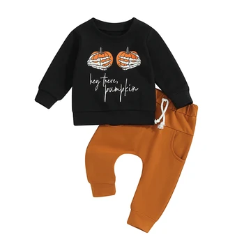 Одежда для малышей на Хэллоуин, толстовка с круглым вырезом и штанишками на шнурках с принтом тыквы, комплект детских штанишек. 5